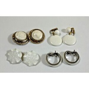 Vintage Clip On Earrings Lot 4 Pairs White Lucite Enamel Gold Silver Tone Mod MC